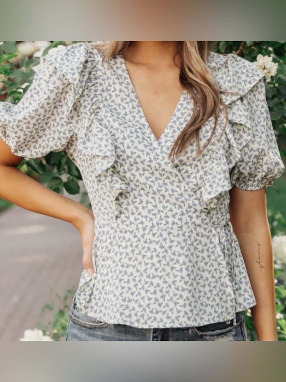 Inmod Los Angeles Women’s Folksong Floral Wrap Top Blouse Periwinkle Blue M